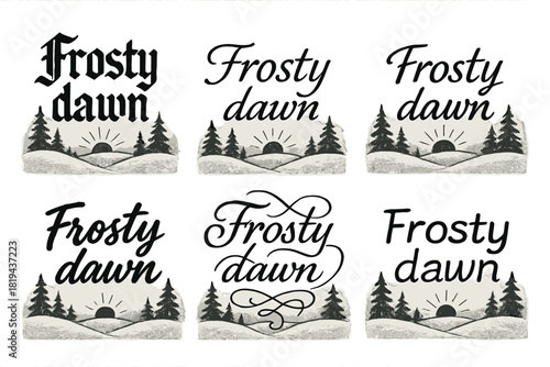 Frosty Dawn Lettering. Frosty dawn. Create a calligraphy lettering illustration of the phrase: Frosty dawn.