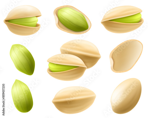 Set of realistic pistachios in 3d style. Pistachios in shell and without shell isolated on white background. Natural organic food. Design element for nuts packaging, advertising. Vector illustration.