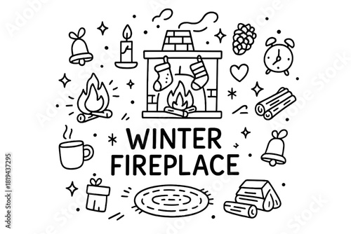 Cozy Winter Fireplace Doodle. Winter Fireplace. Hand-drawn doodle illustration of Winter Fireplace. Fireplace,