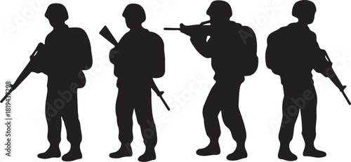 military army Soldiers in Uniform with Rifles and Backpacks silhouette vector