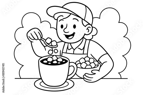 Hot Cocoa Fun. Marshmallow topping scene children’s coloring book illustration, outlined drawing, barista