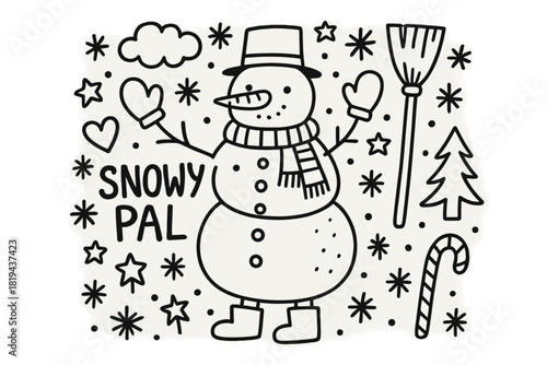 Snowy Pal Doodle. Snowy Pal. Hand-drawn doodle illustration of Snowy Pal. Snowman, scarf, carrot nose, buttons