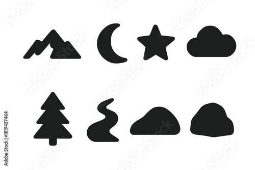 Mountain Icon Set. Mountain Silhouette. Filled icon set of Mountain Silhouette: mountain peak, moon, pine tree