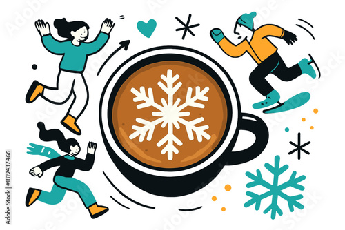 Snowflake Latte Art. Latte art with snowflake pattern. Top-down view of warm coffee cup, frothy milk forming