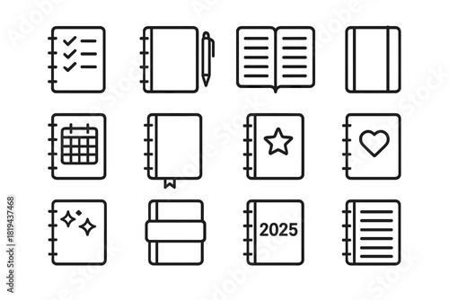 Iconic Planner Notebooks. Planner notebook. Line outline icon set of planner notebook: notebook with checklist