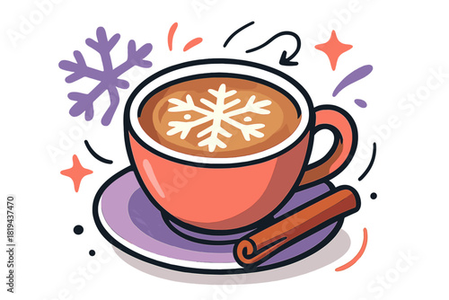 Winter Latte Art. Latte art snowflake with cinnamon stick. Cup of coffee with frothy snowflake, cinnamon stick