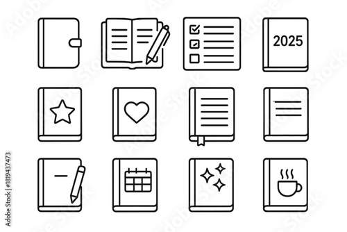 New Year Icons Grid. New Year’s resolution notebook. Line outline icon set of New Year’s resolution notebook: