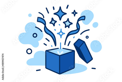Magical Gift Unveiling. Magic gift reveal. Small box open with sparkling stars and ribbons flying upward, soft