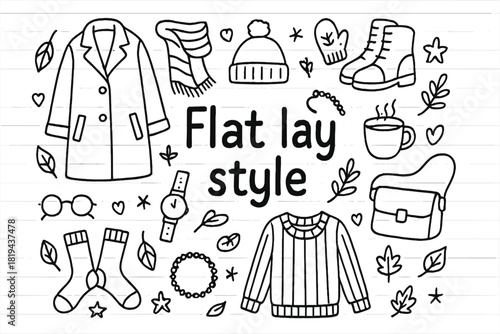 Cozy Winter Essentials. Flat lay style. Hand-drawn doodle illustration of Flat lay style. Coat, scarf, boots,