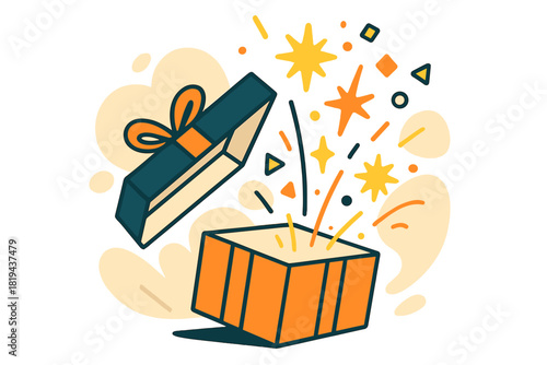 Sparkling Gift Surprise. Sparkling gift reveal. Side view of box opening, bright colorful sparkles and tiny