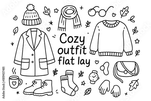 Cozy Outfit Doodle. Cozy outfit flat lay. Hand-drawn doodle illustration of Cozy outfit flat lay. Coat, scarf,
