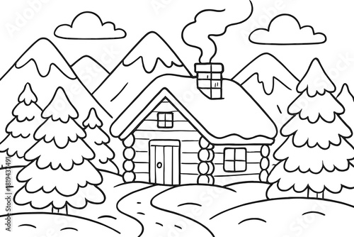 Cozy Cabin Coloring. Cozy hillside cabin children’s coloring book illustration, outlined drawing, cabin with