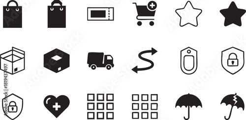 Ecommerce, delivery, and security icons set