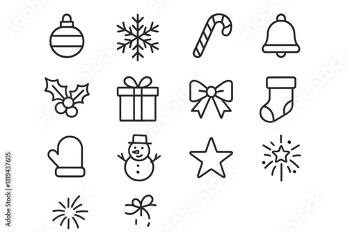 Festive Icon Grid. Christmas patterns. Line outline icon set of Christmas patterns: ornaments, snowflakes,