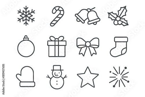 Holiday Icon Set. Holiday pattern icons. Line outline icon set of holiday pattern icons: snowflakes, candy