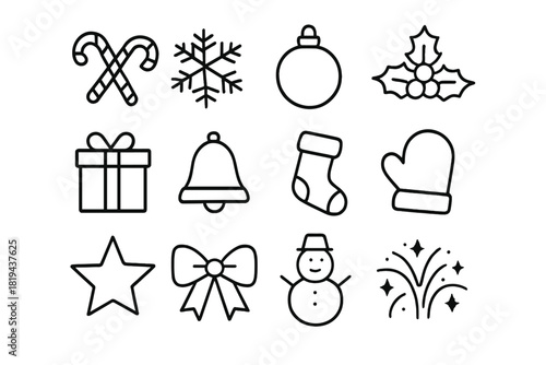 Holiday Icon Set. Holiday motif pack. Line outline icon set of holiday motif pack: candy canes, snowflakes,