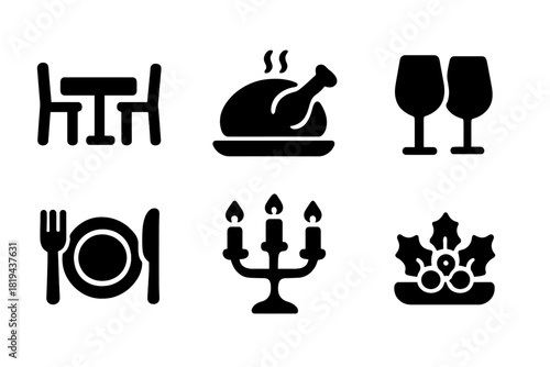 Winter Feast Icons. Winter Feast. Filled icon set of Winter Feast: dining table, turkey, plates, cutlery, wine