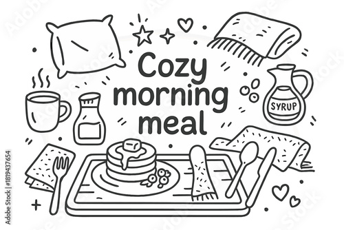 Cozy Morning Meal. Cozy morning meal. Hand-drawn doodle illustration of Cozy morning meal. Pancakes, cocoa mug