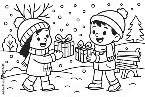 Children's Winter Gift Exchange. Snowy park gift exchange children’s coloring book illustration, outlined