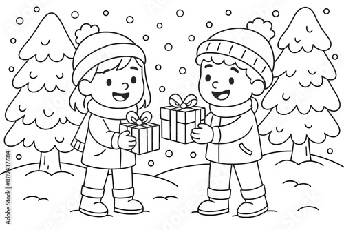 Gift Exchange Outdoors. Snow day gift exchange children’s coloring book illustration, outlined drawing,