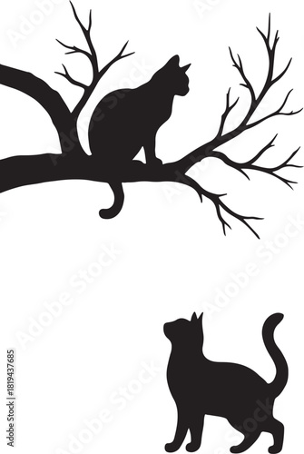 Two Cat One on a Tree Branch One on the Ground cats branches silhouette vector