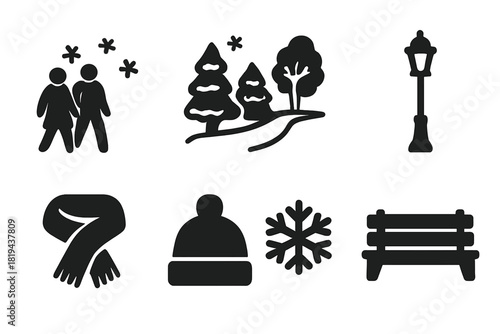 Winter Park Icons. Park in Snow. Filled icon set of Park in Snow: couple walking, snow-covered trees, path,