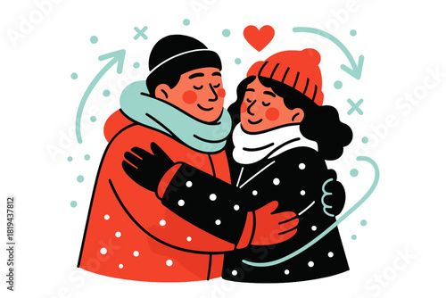 Winter Embrace Scene. Warm winter hug. Figures in thick coats and scarves embracing, cheeks slightly flushed,