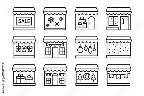 Festive Shop Icons. Festive shop windows. Line outline icon set of festive shop windows: shop window with sale