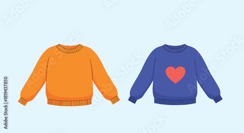 Two colorful comfortable sweaters one orange and one blue with a red heart design a cozy and casual clothing illustration.