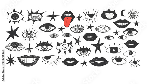 Abstract Surreal Eyes and Lips Illustrations with Starbursts and Celestial Elements, Hand-Drawn Style