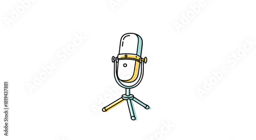 Simple doodle line art illustration of a retro studio microphone on a stand with subtle color accents perfect for podcasting music or broadcasting.