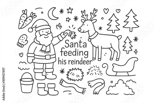 Santa's Reindeer Snack. Santa feeding his reindeer. Hand-drawn doodle illustration of Santa feeding his