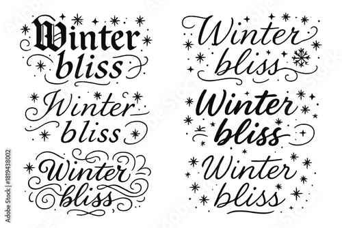 Winter Calligraphy Styles. Winter bliss. Create a calligraphy lettering illustration of the phrase: Winter