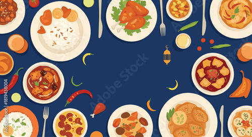 Overhead view of a delicious and diverse Ramadan Iftar food spread on a blue table a festive arrangement for breaking fast.