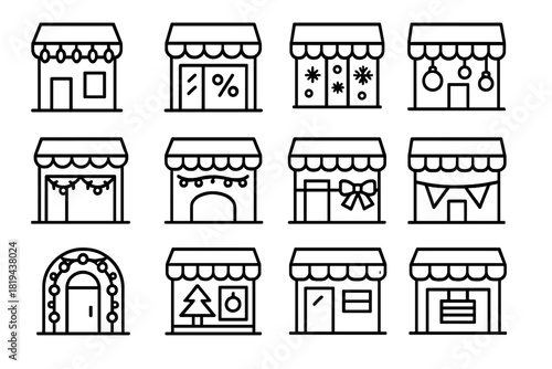 Holiday Sale Icons. Holiday sale pack. Line outline icon set of holiday sale pack: store with Christmas lights