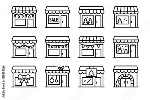 Festive Shopping Icons. Holiday shopping icons. Line outline icon set of holiday shopping icons: shop with