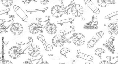 Active and dynamic seamless line art pattern featuring bicycles skateboards and roller skates a fun background for sports and outdoor activities.