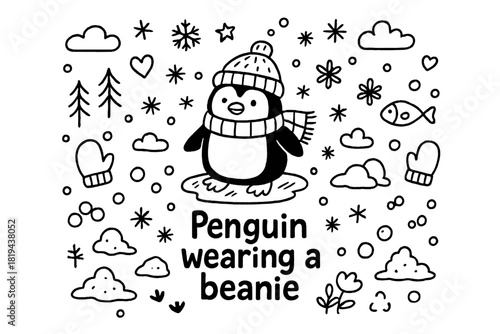 Penguin in Beanie Doodle. Penguin wearing a beanie. Hand-drawn doodle illustration of Penguin wearing a beanie