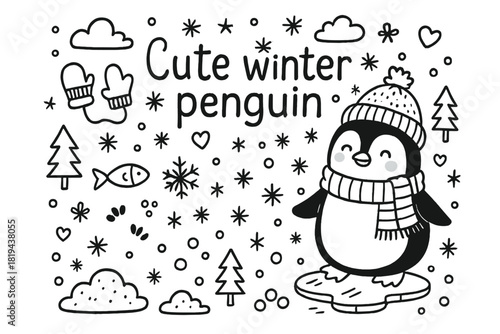 Cute Winter Penguin. Cute winter penguin. Hand-drawn doodle illustration of Cute winter penguin. Penguin,