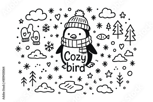 Cozy Bird Doodle. Cozy bird. Hand-drawn doodle illustration of Cozy bird. Penguin, beanie hat, scarf,