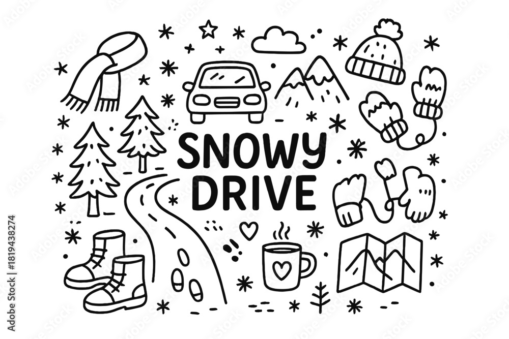 Obraz premium Snowy Drive Doodles. Snowy Drive. Hand-drawn doodle illustration of Snowy Drive. Car, winter road, pine trees,