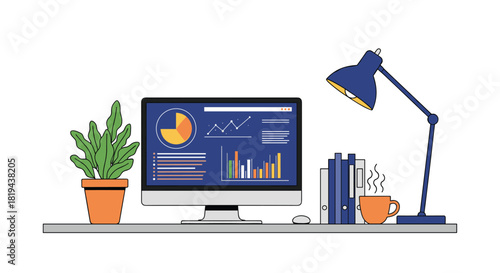 Productive home office desk setup with a computer showing charts a plant a lamp and books a modern workspace illustration.