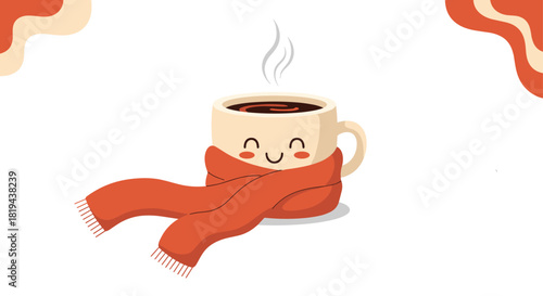 Cute and cozy coffee cup wearing a warm red scarf with steam rising a charming illustration for warmth comfort and autumn winter drinks.