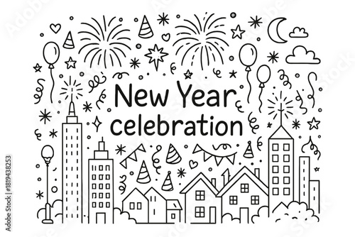 New Year Doodle Celebration. New Year celebration. Hand-drawn doodle illustration of New Year celebration.