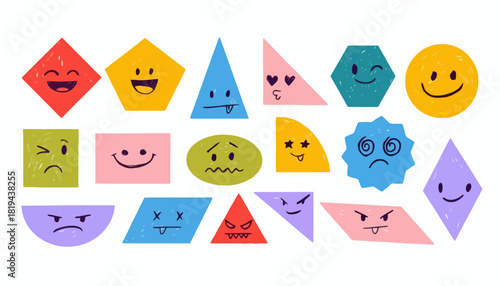 Diverse Geometric Shapes with Expressive Emoticons and Playful Faces