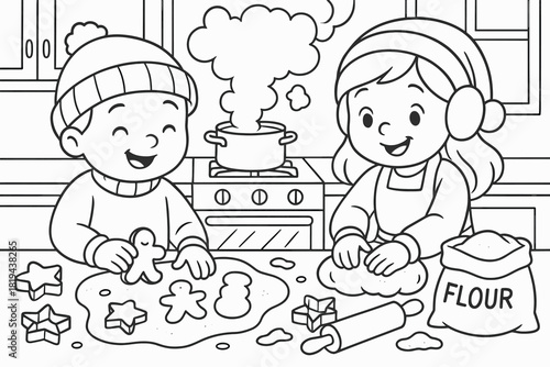 Winter Baking Coloring. Winter baking fun children’s coloring book illustration, outlined drawing, kitchen