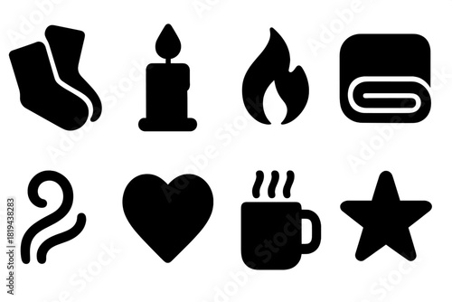 Warm Winter Icons. Warm Winter. Filled icon set of Warm Winter: pair of socks, candle, flame, blanket, steam