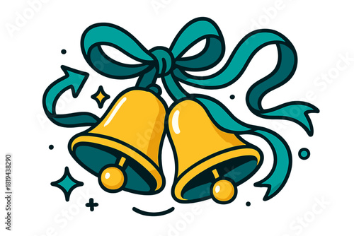 Festive Bells in Motion. Bells and ribbons. Golden bells tied with flowing ribbons, subtle sparkle accents,
