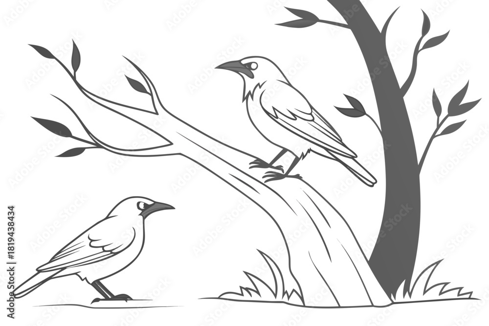 Fototapeta premium Two Birds on Branch Coloring Page | Nature Outline