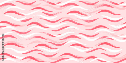 Seamless Wave Pattern, pink wavy brush stroke. hand drawn curly vector lines, watercolor print
